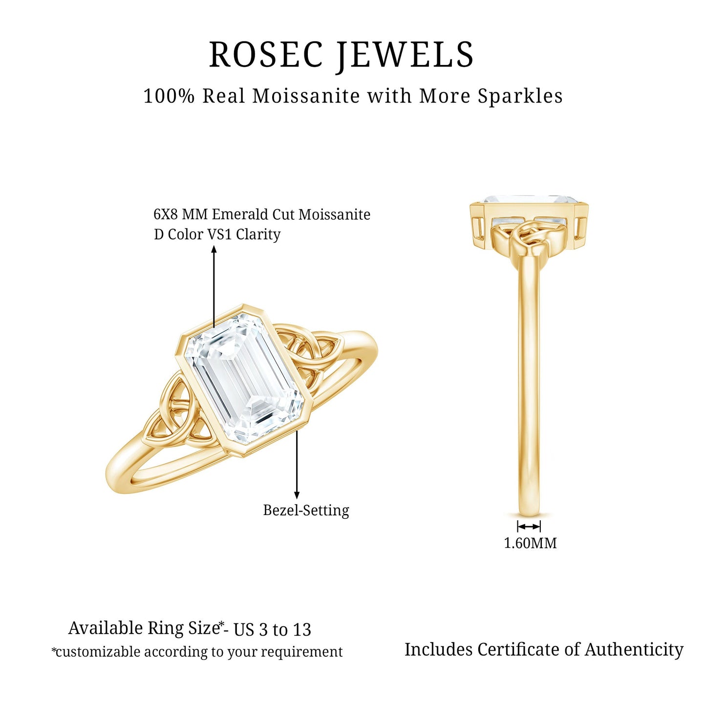 Emerald Cut Moissanite Solitaire Celtic Engagement Ring