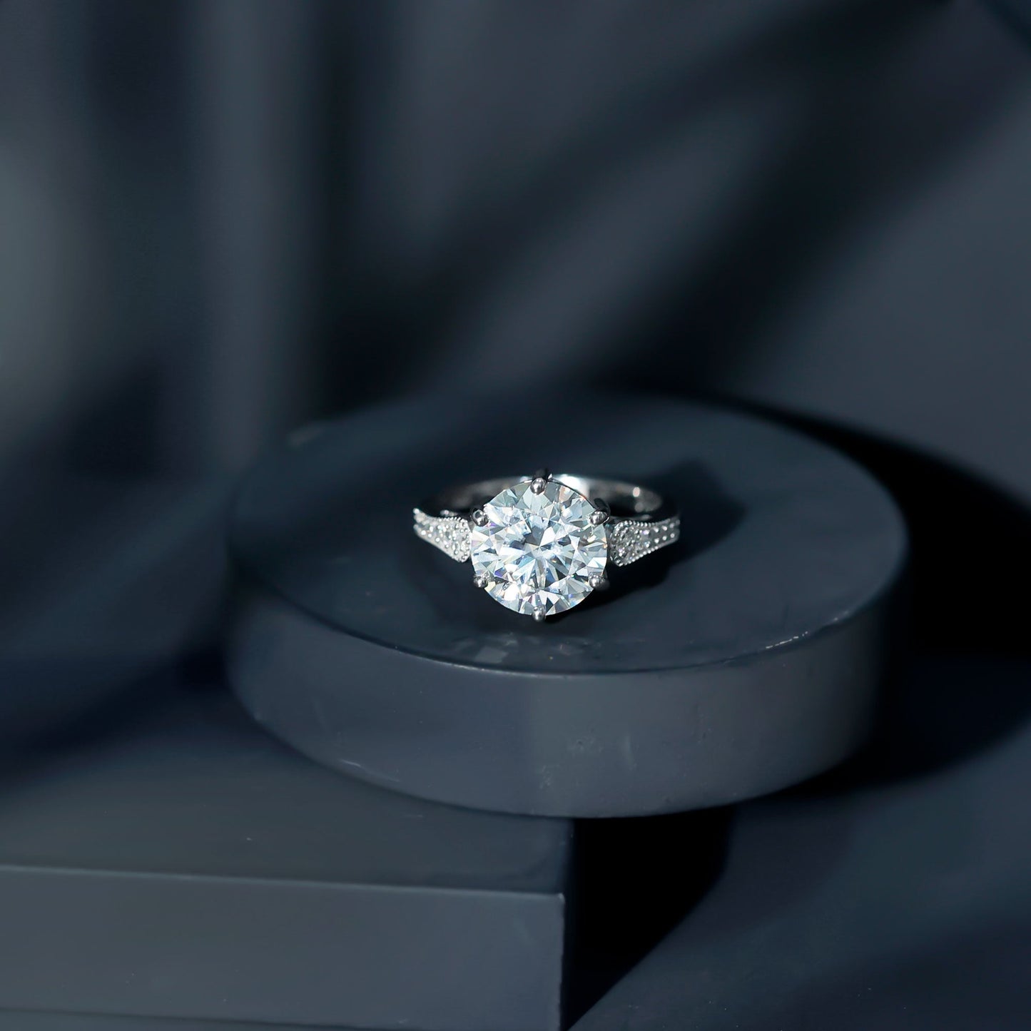 Certified 4.4 Carat Moissanite Round Engagement Ring in Silver