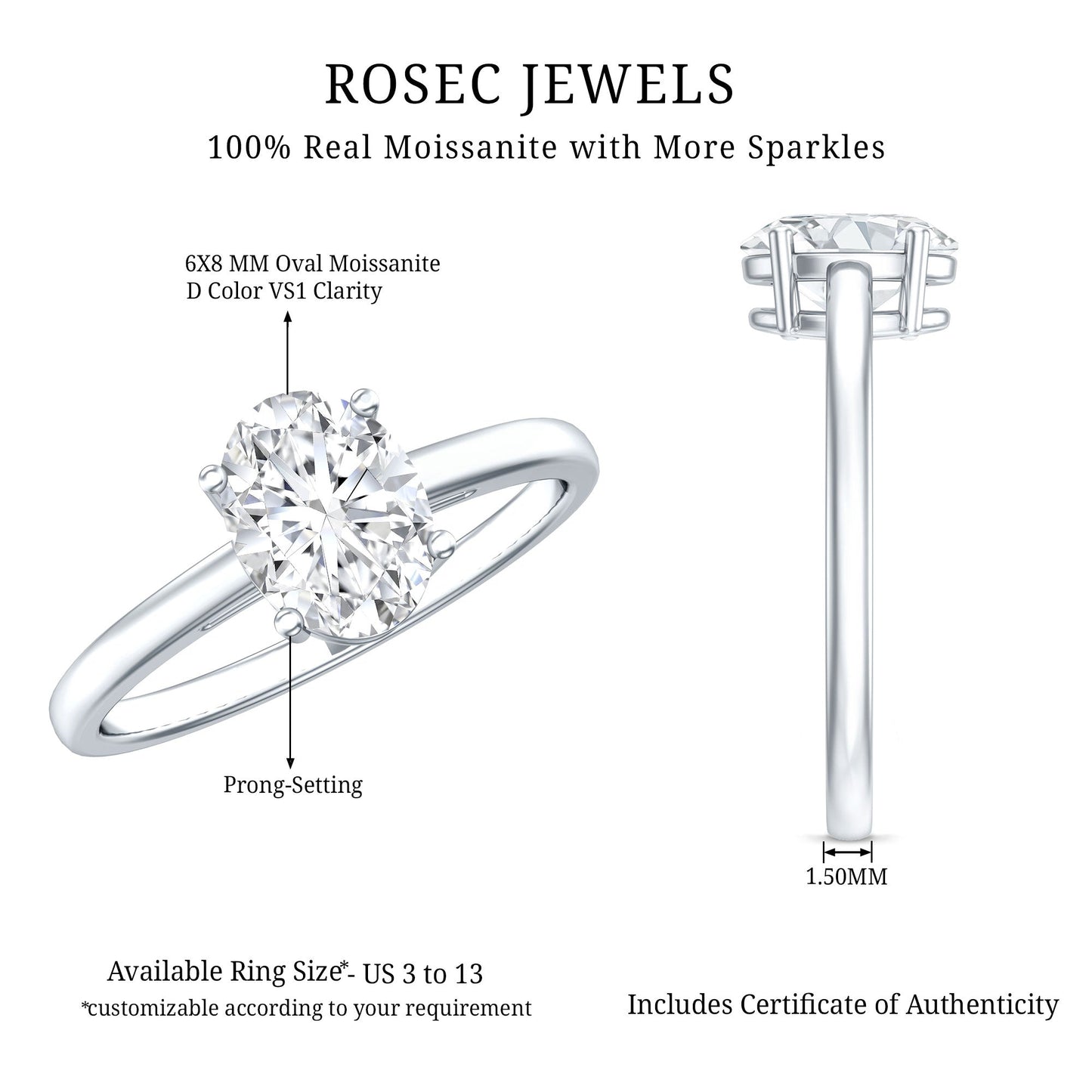 Certified 1.2 Carat Solitaire Moissanite Oval Engagement Ring