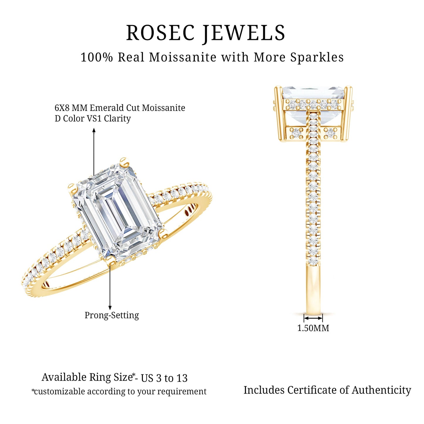 1.8 Carat Certified Moissanite Emerald Cut Engagement Ring