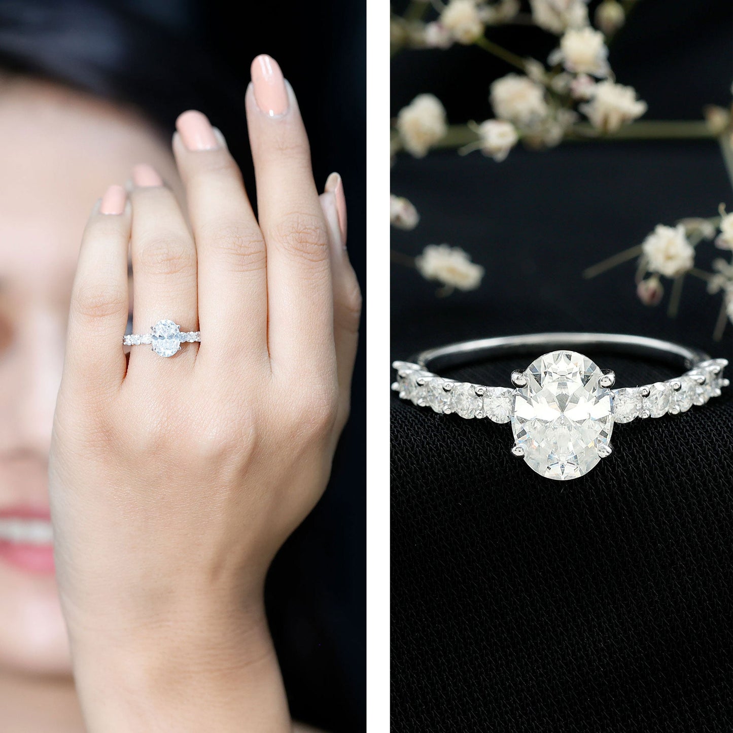 Certified 2 Carat Moissanite Oval Engagement Ring with Side Stones