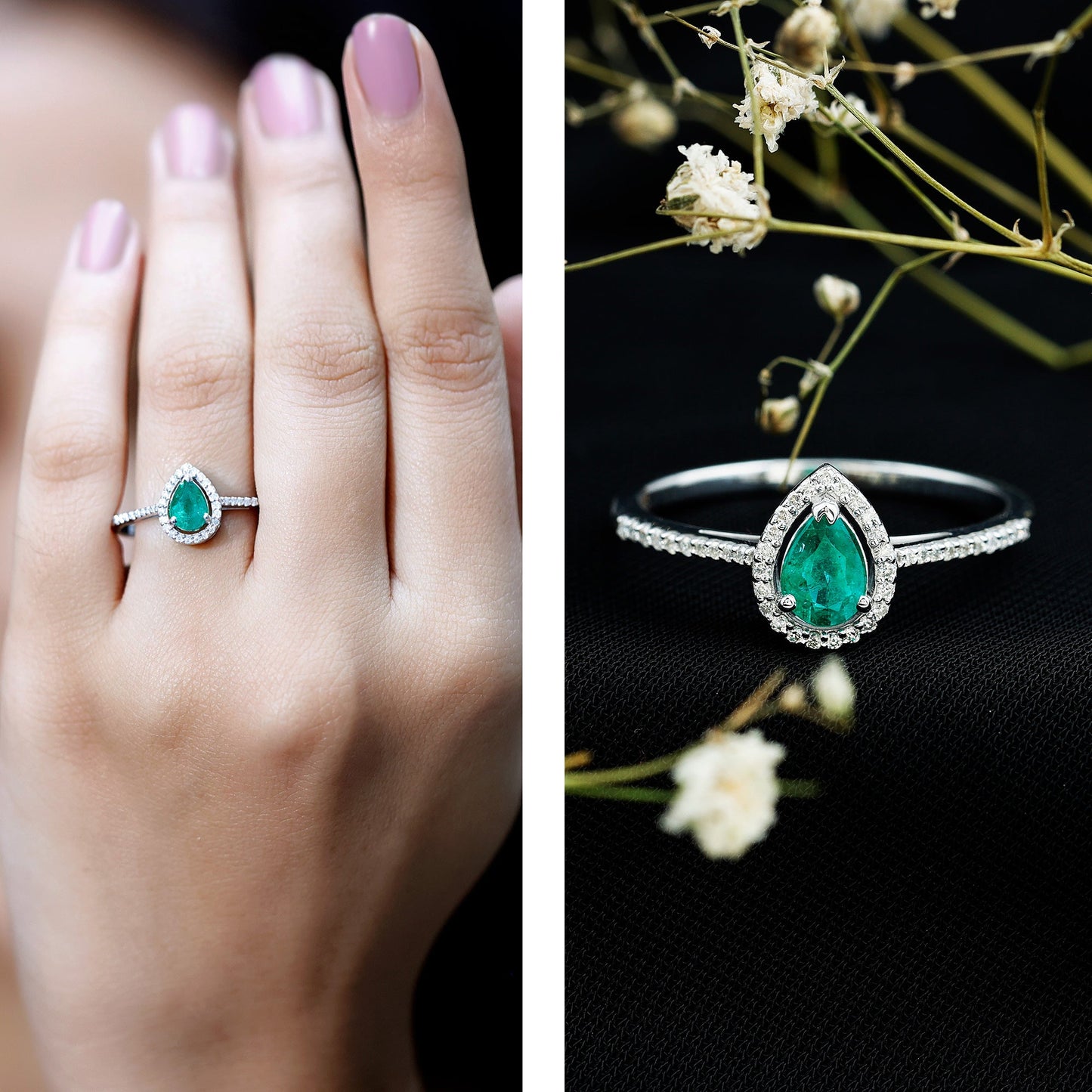 Certified Emerald Teardrop Engagement Ring with Diamond Halo