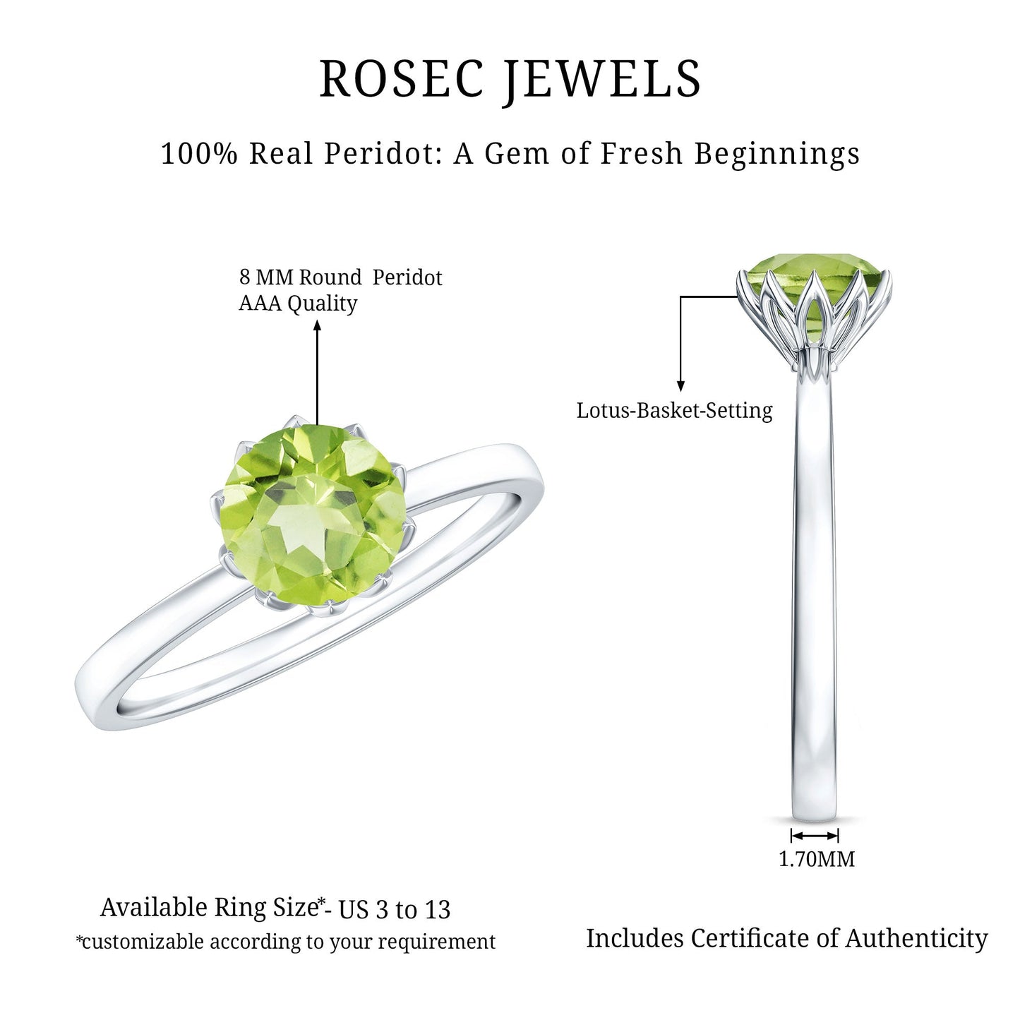 Genuine 2 Carat Peridot Engagement Ring in Lotus Basket Setting