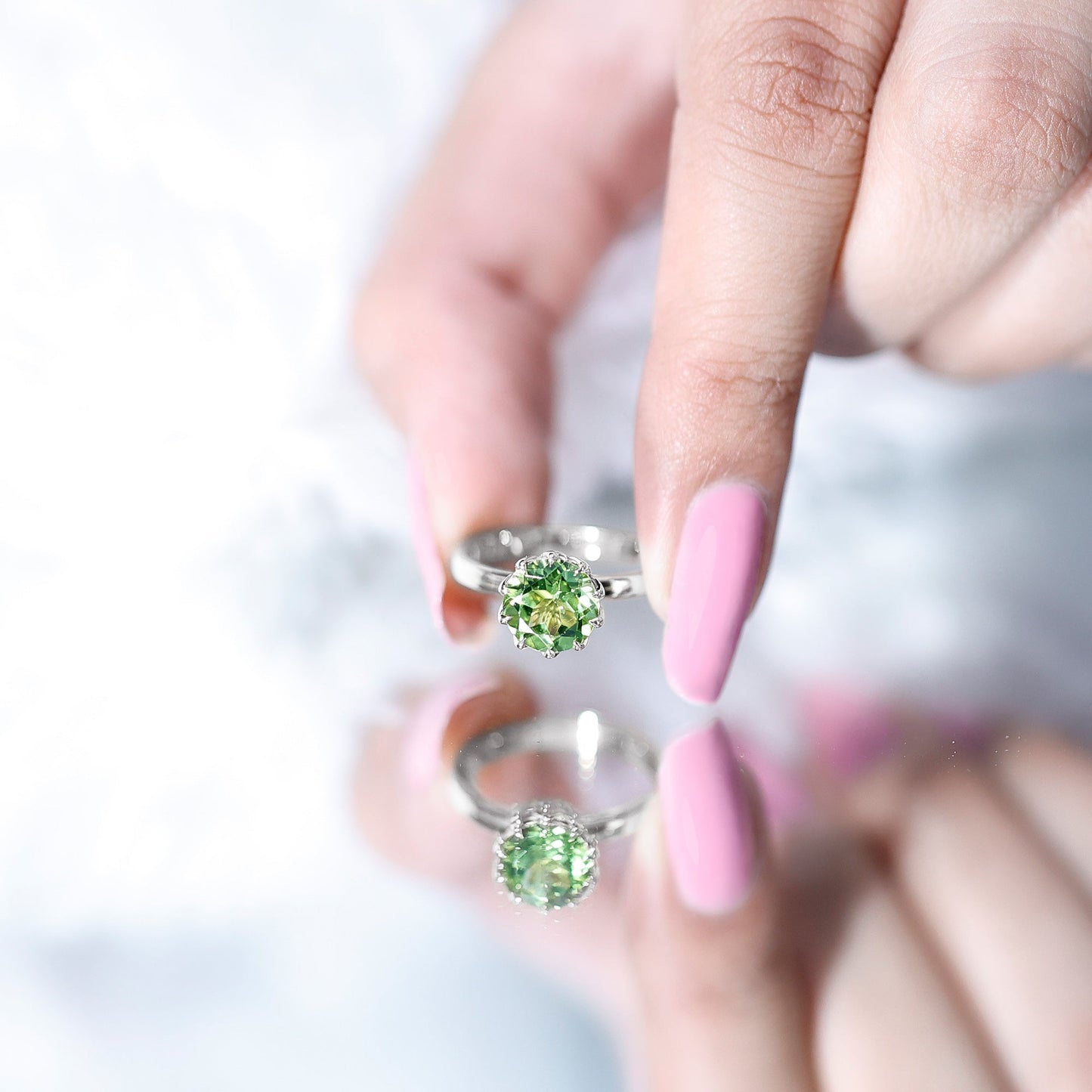 Genuine 2 Carat Peridot Engagement Ring in Lotus Basket Setting