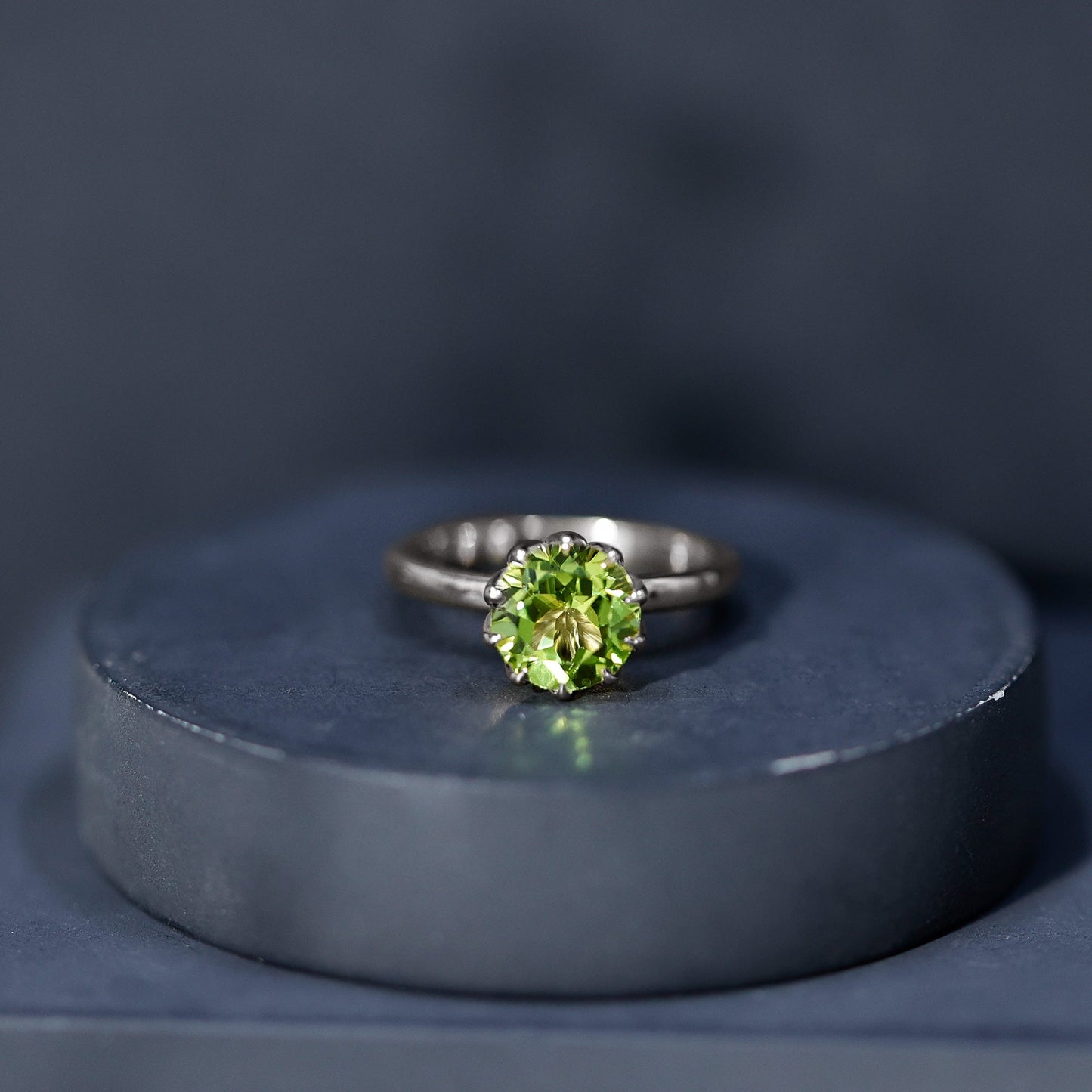 Genuine 2 Carat Peridot Engagement Ring in Lotus Basket Setting