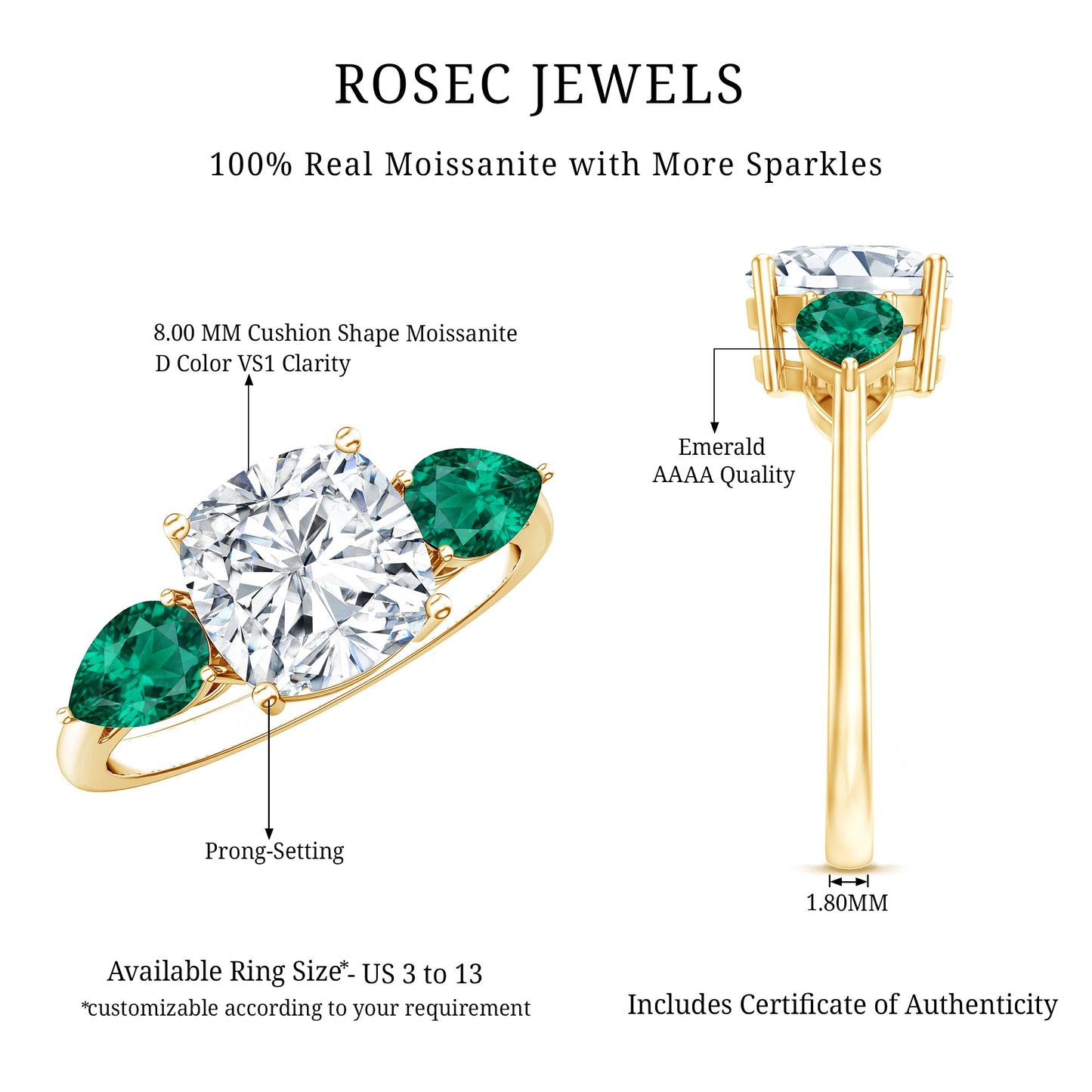 3 CT Moissanite Three Stone Engagement Ring With Emerald