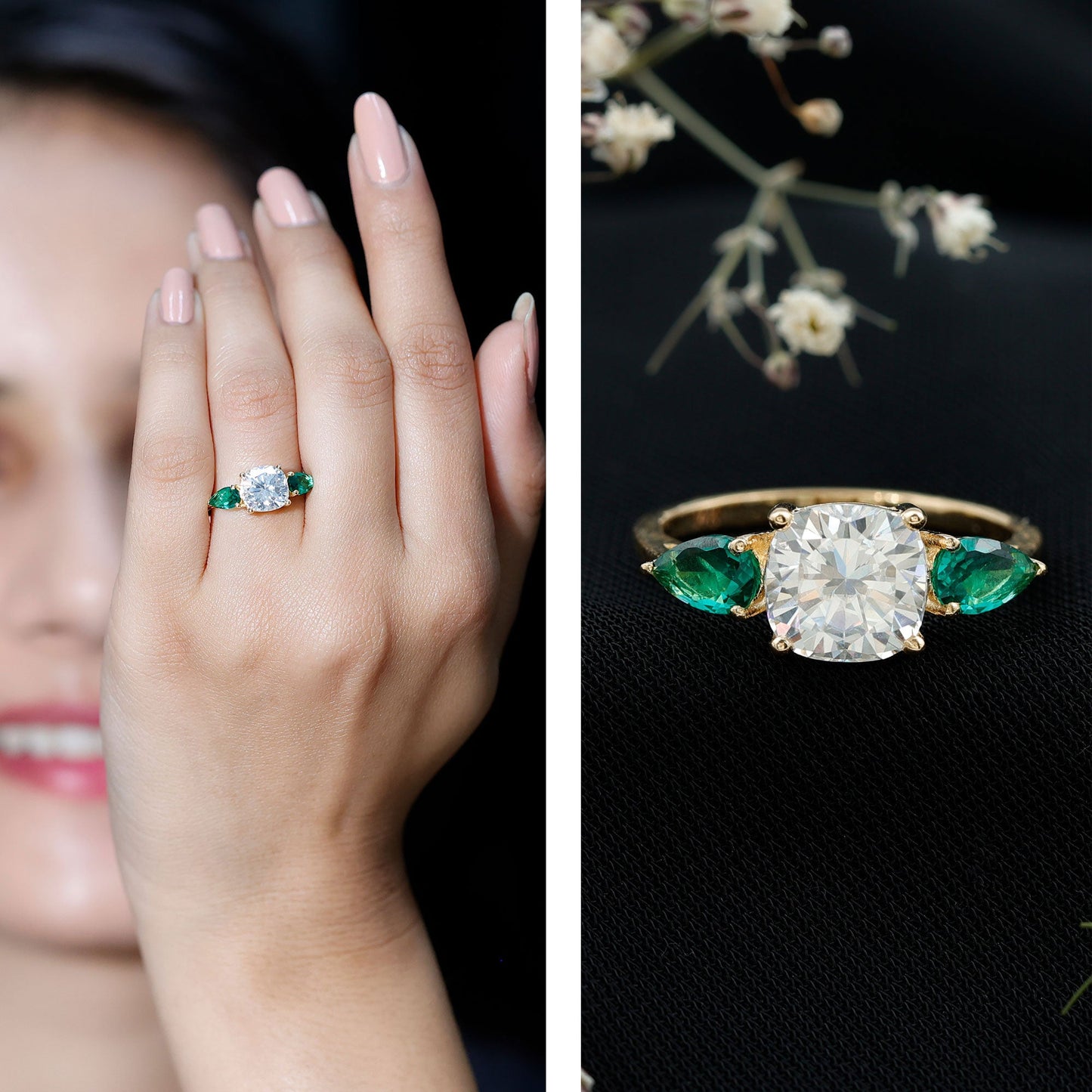 3 CT Moissanite Three Stone Engagement Ring With Emerald