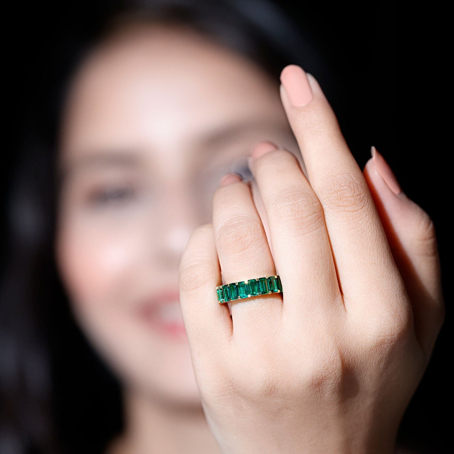 Emerald Cut Lab Grown Emerald Eternity Wedding Band