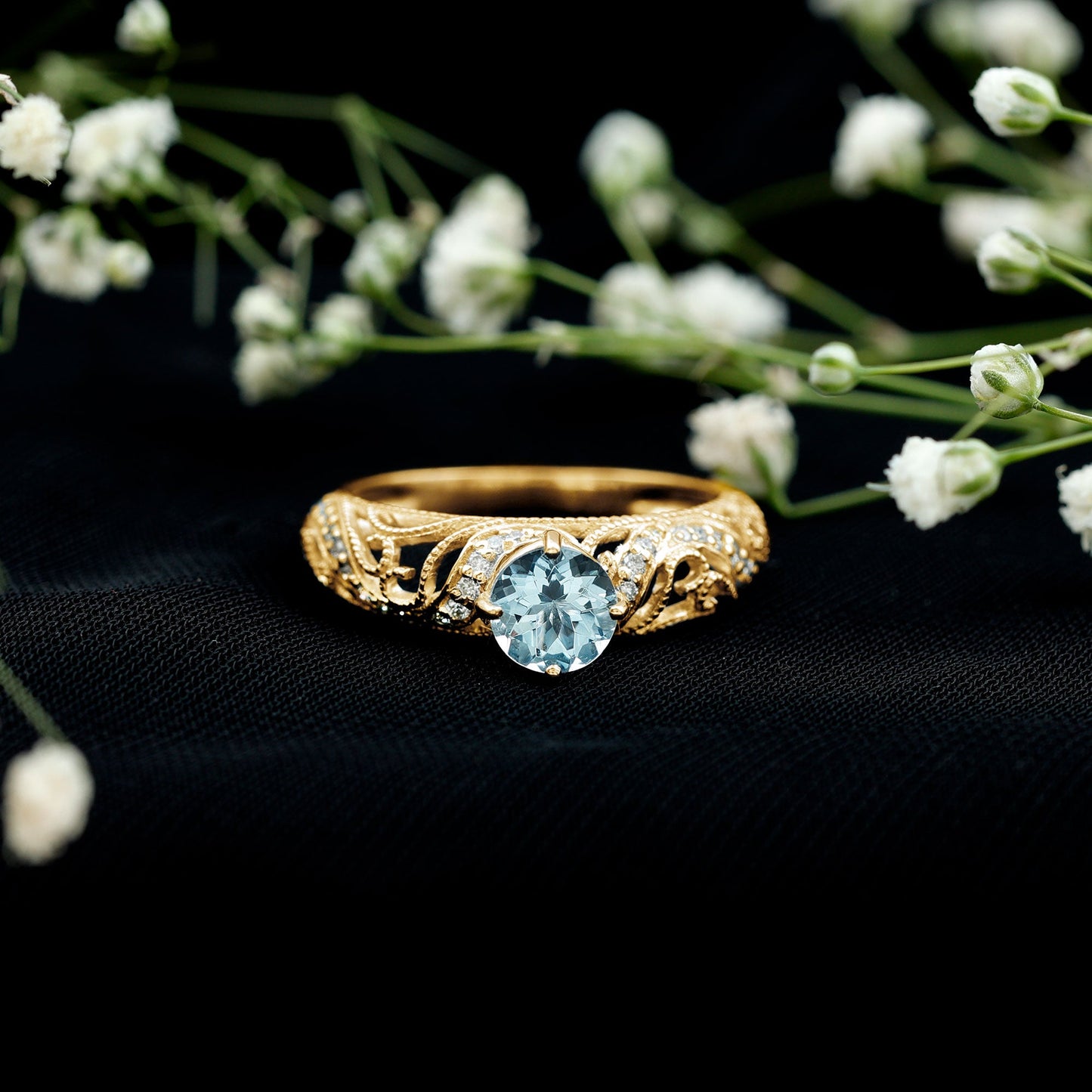 0.8 Carat Vintage Style Aquamarine and Diamond Engagement Ring