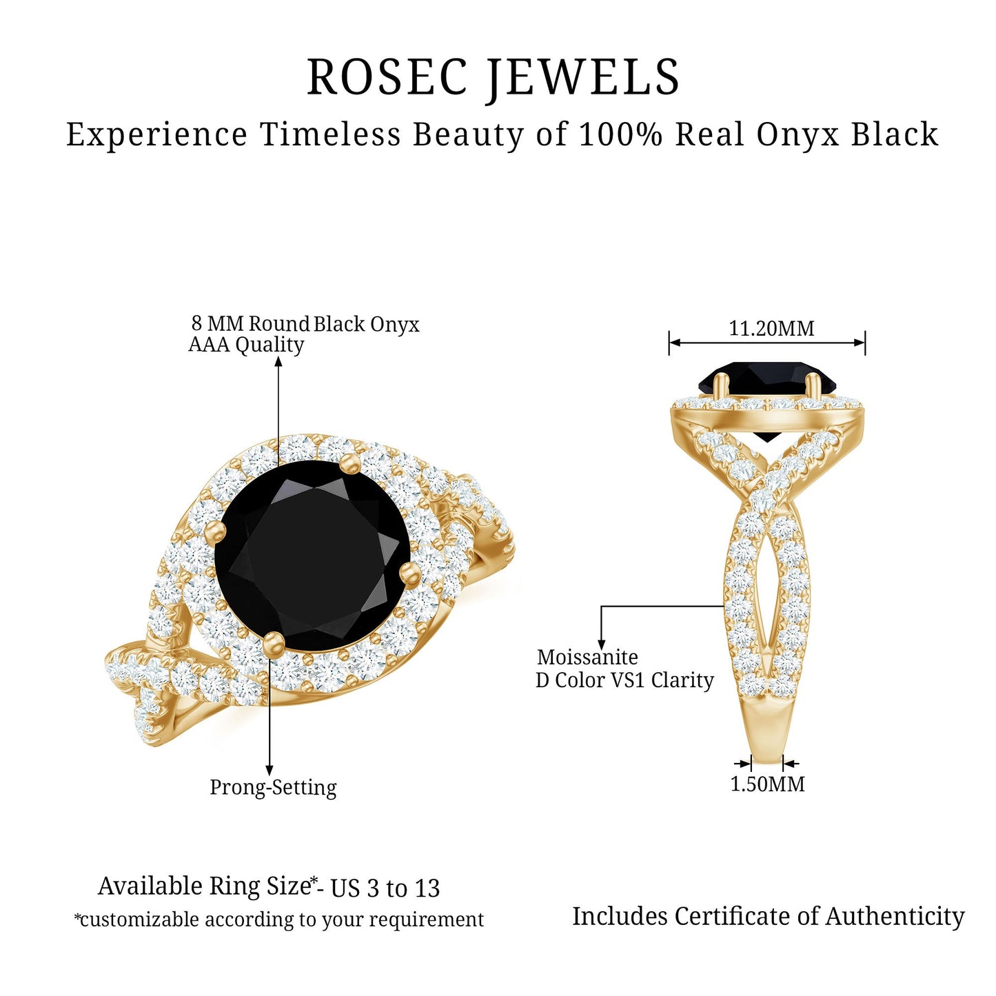 Certified 2 Carat Black Onyx Crossover Engagement Ring with Moissanite Halo