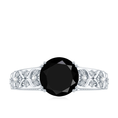 Nature Inspired Black Spinel Solitaire Engagement Ring with Diamond