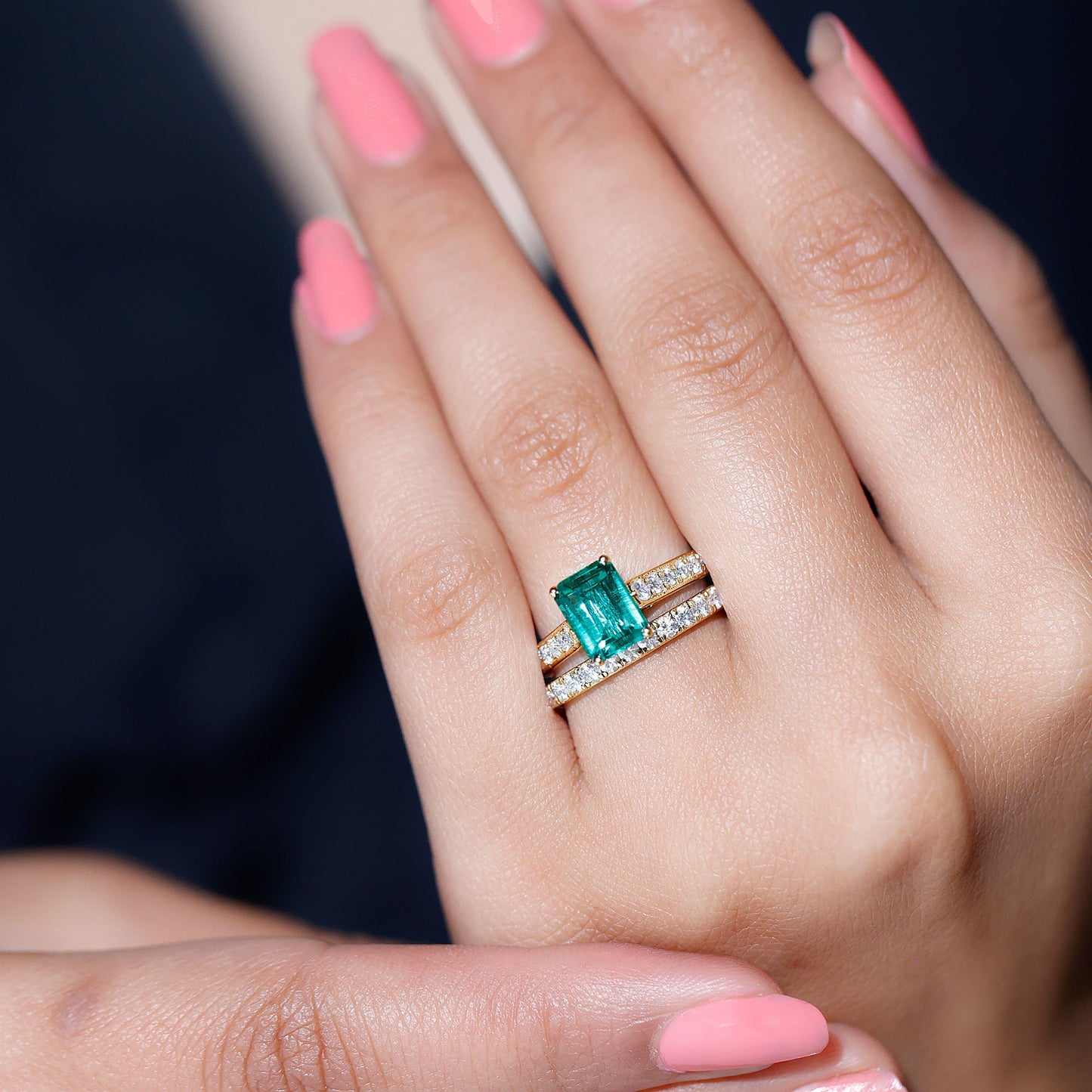 Lab Grown 1.6 Carat Emerald Cut Emerald Engagement Ring with Wedding Band