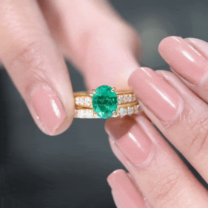 Certified 1.2 Carat Oval Lab Grown Emerald Wedding Bridal Ring Set of 2