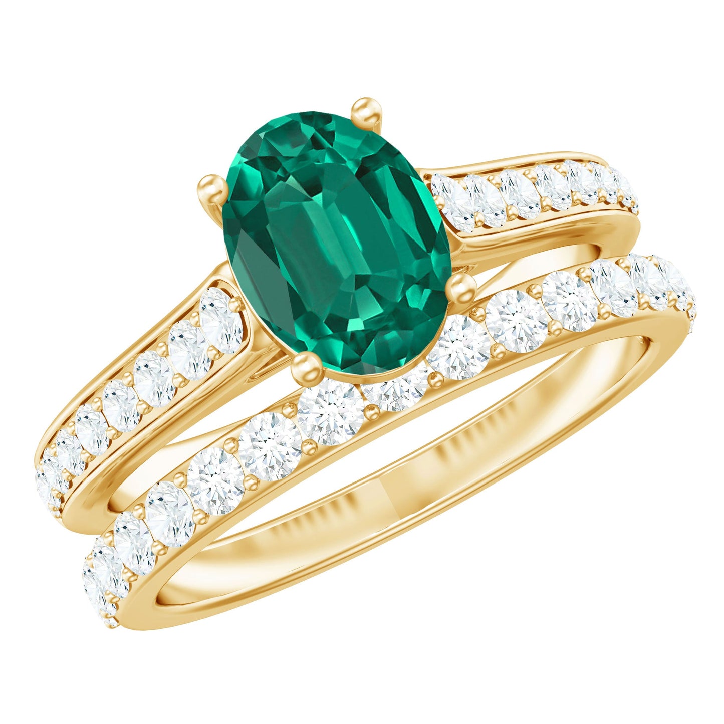 Certified 1.2 Carat Oval Lab Grown Emerald Wedding Bridal Ring Set of 2