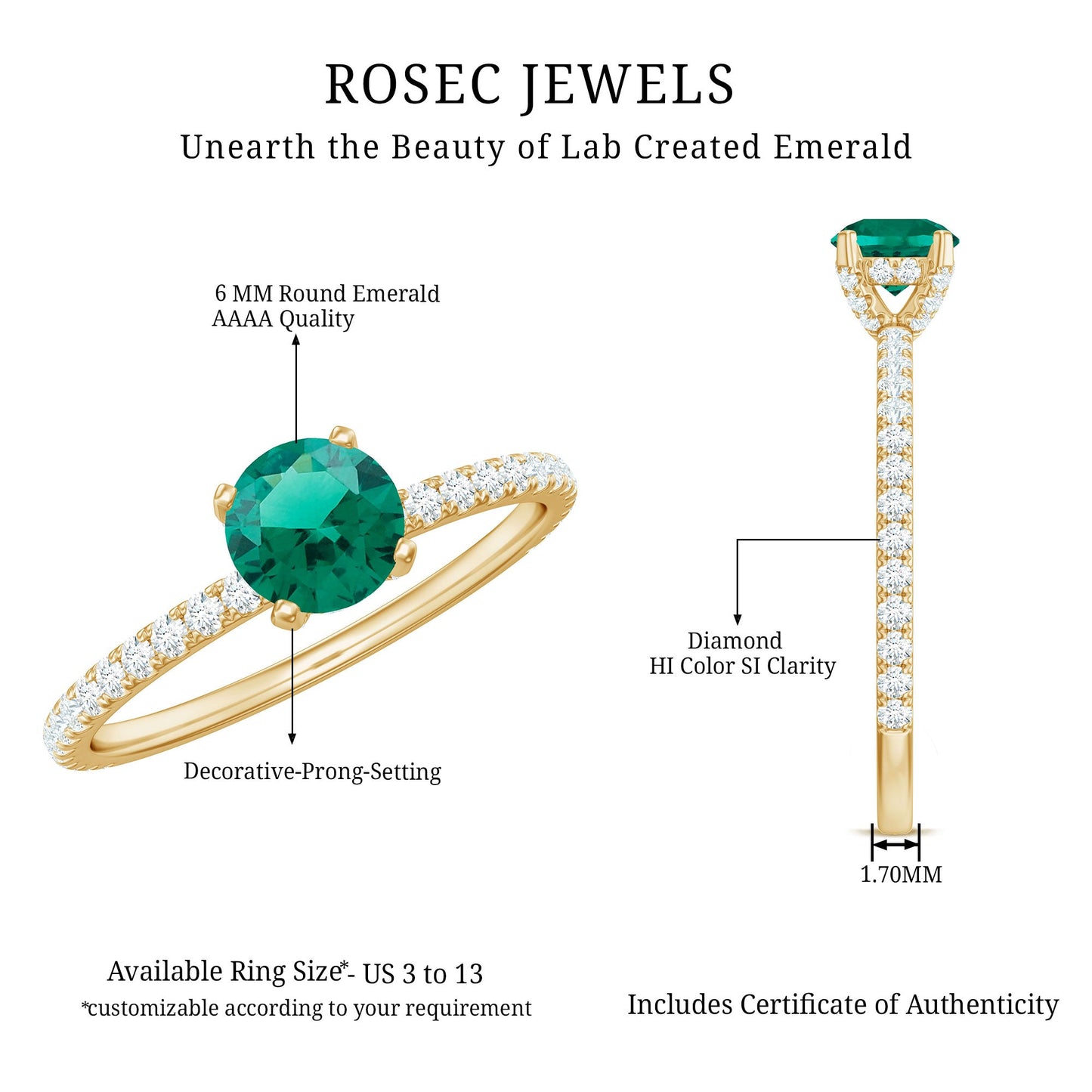 Certified Lab Grown Emerald Solitaire Engagement Ring with Diamond