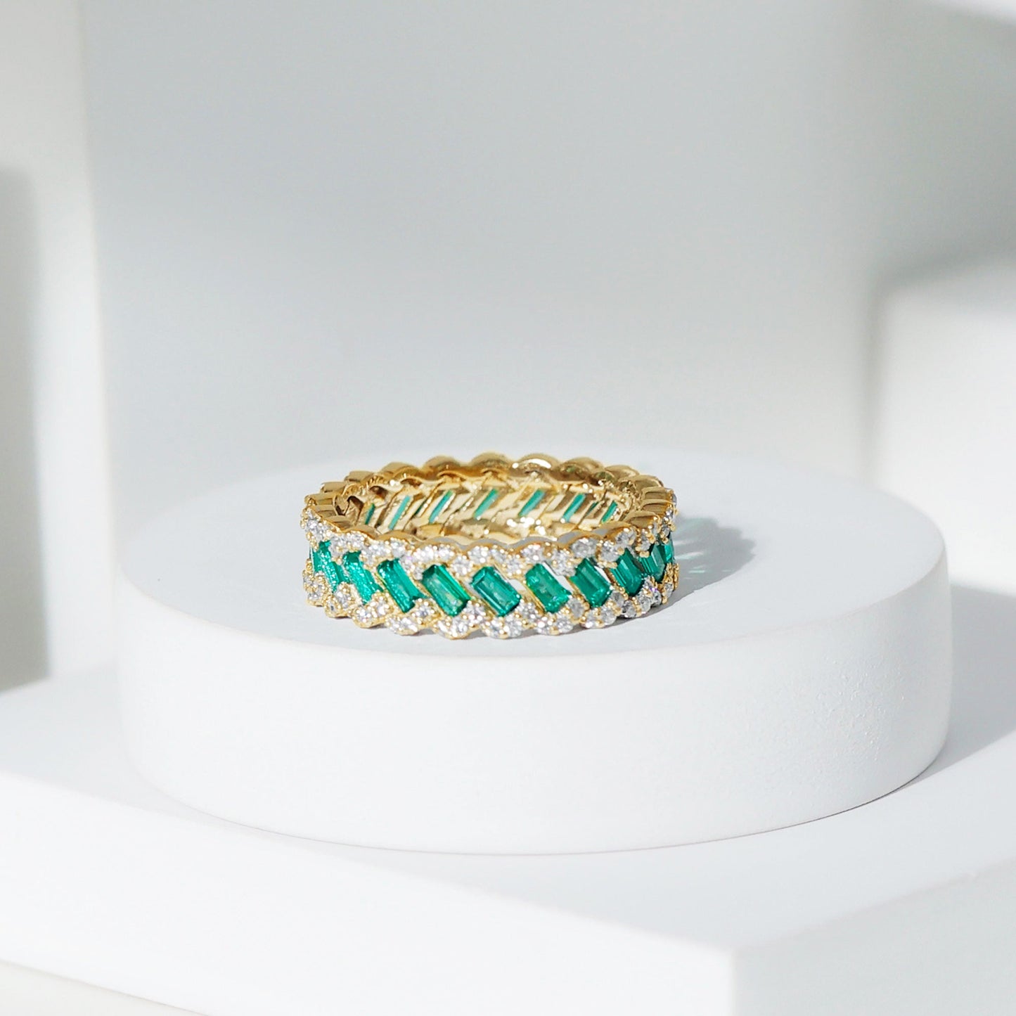 Certified Baguette Lab Grown Emerald Braided Wedding Band with Moissanite