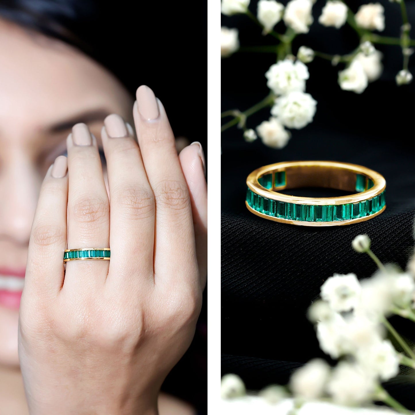 Channel Set Baguette Cut Created Emerald Eternity Band Ring