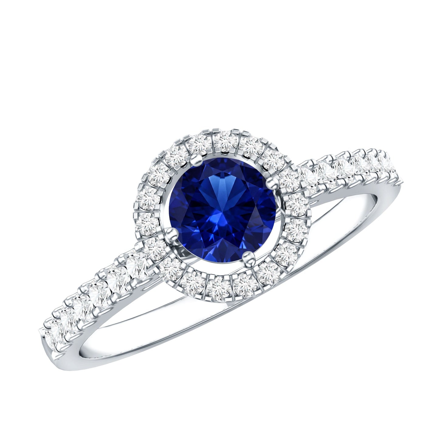 Certified 0.6 Carat Lab Grown Blue Sapphire Diamond Engagement Ring with Halo