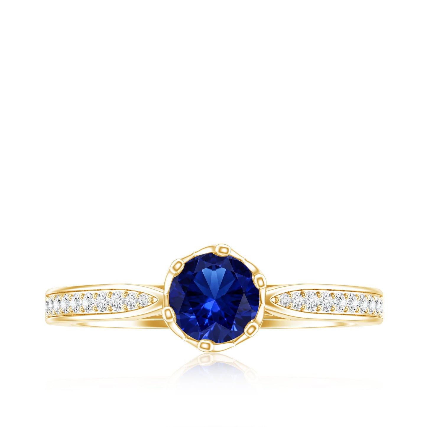 Certified Lab Created Blue Sapphire Minimal Engagement Ring with Diamond Side Stones