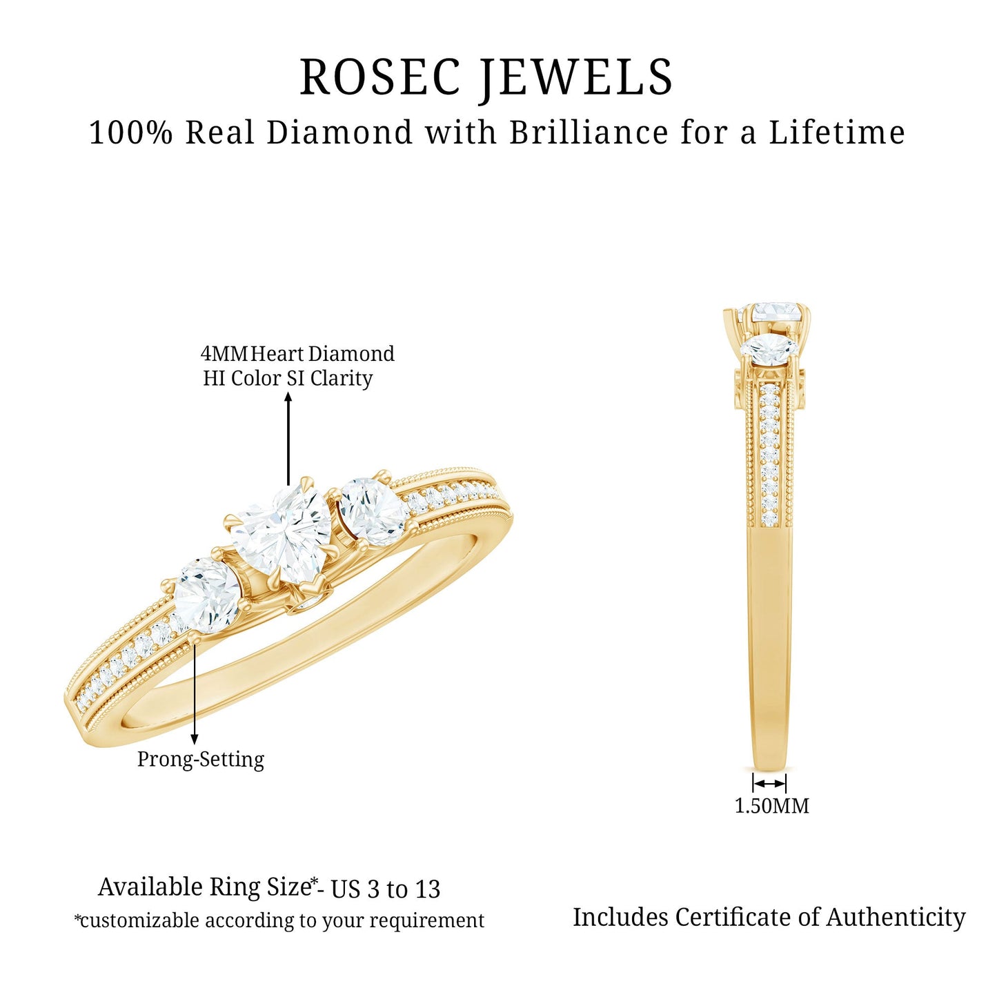 Natural Diamond Three Stone Ring with Beaded Details