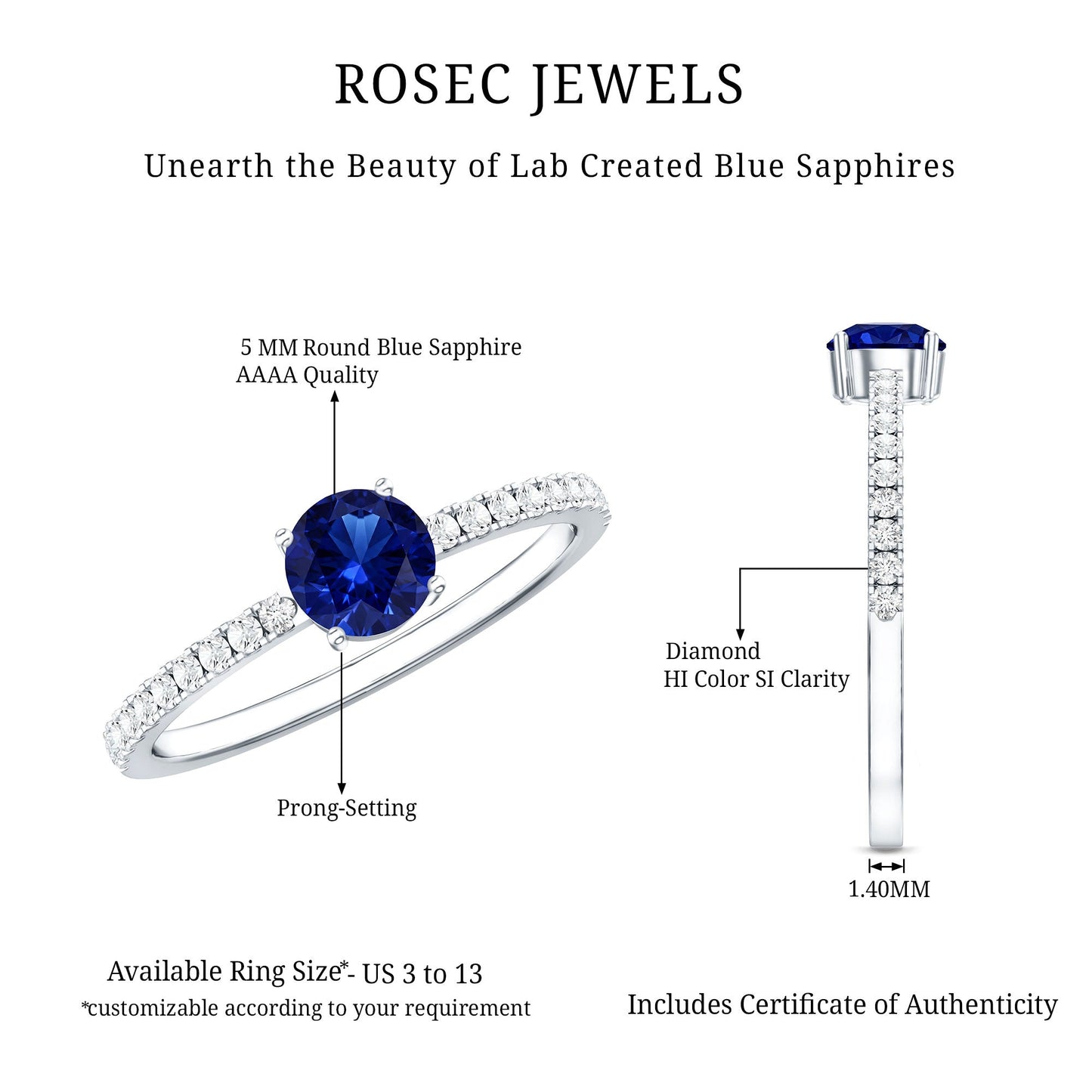 0.6 Carat Lab Created Blue Sapphire Promise Ring with Diamond Side Stones
