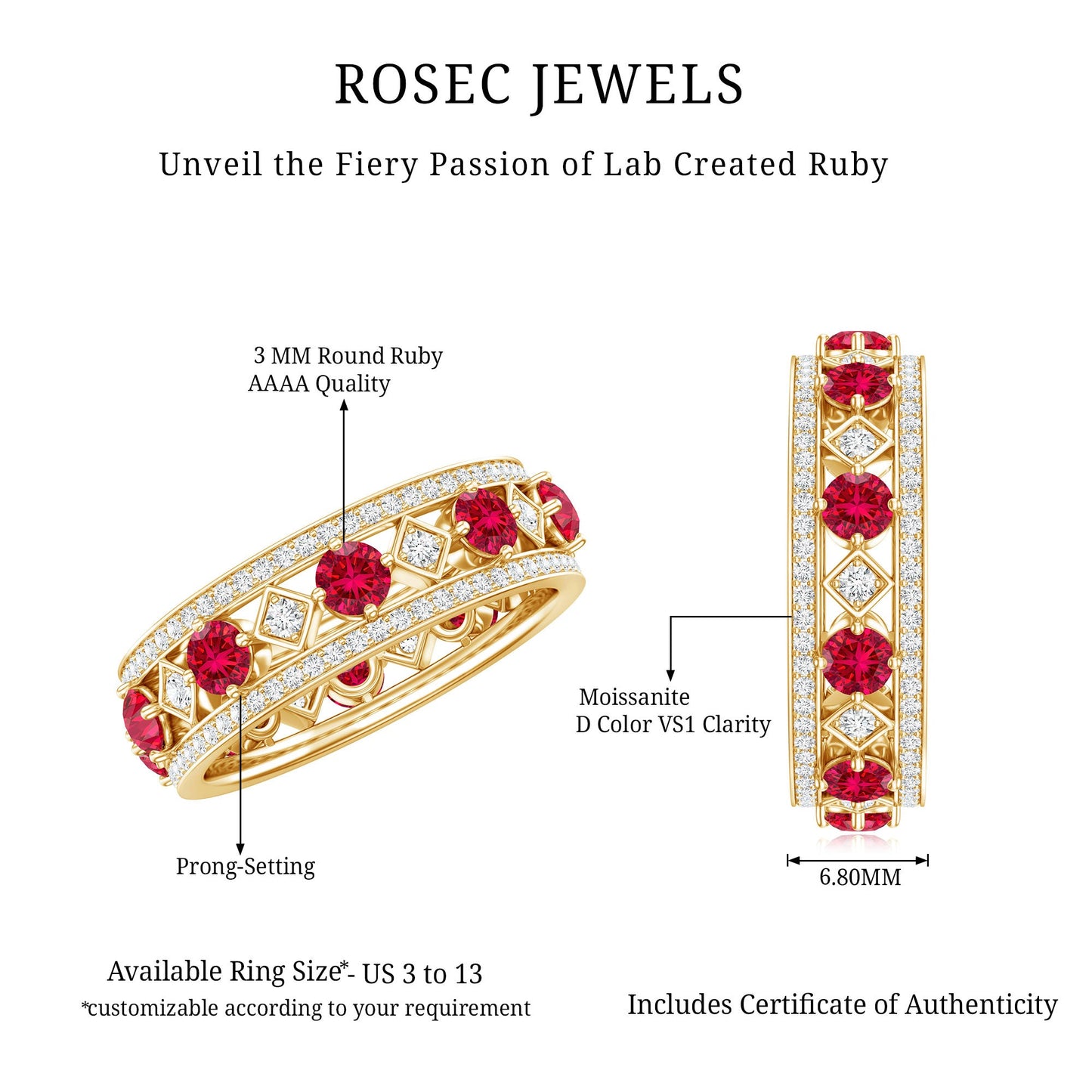 Lab Grown Ruby Vintage Wedding Band Ring With Moissanite