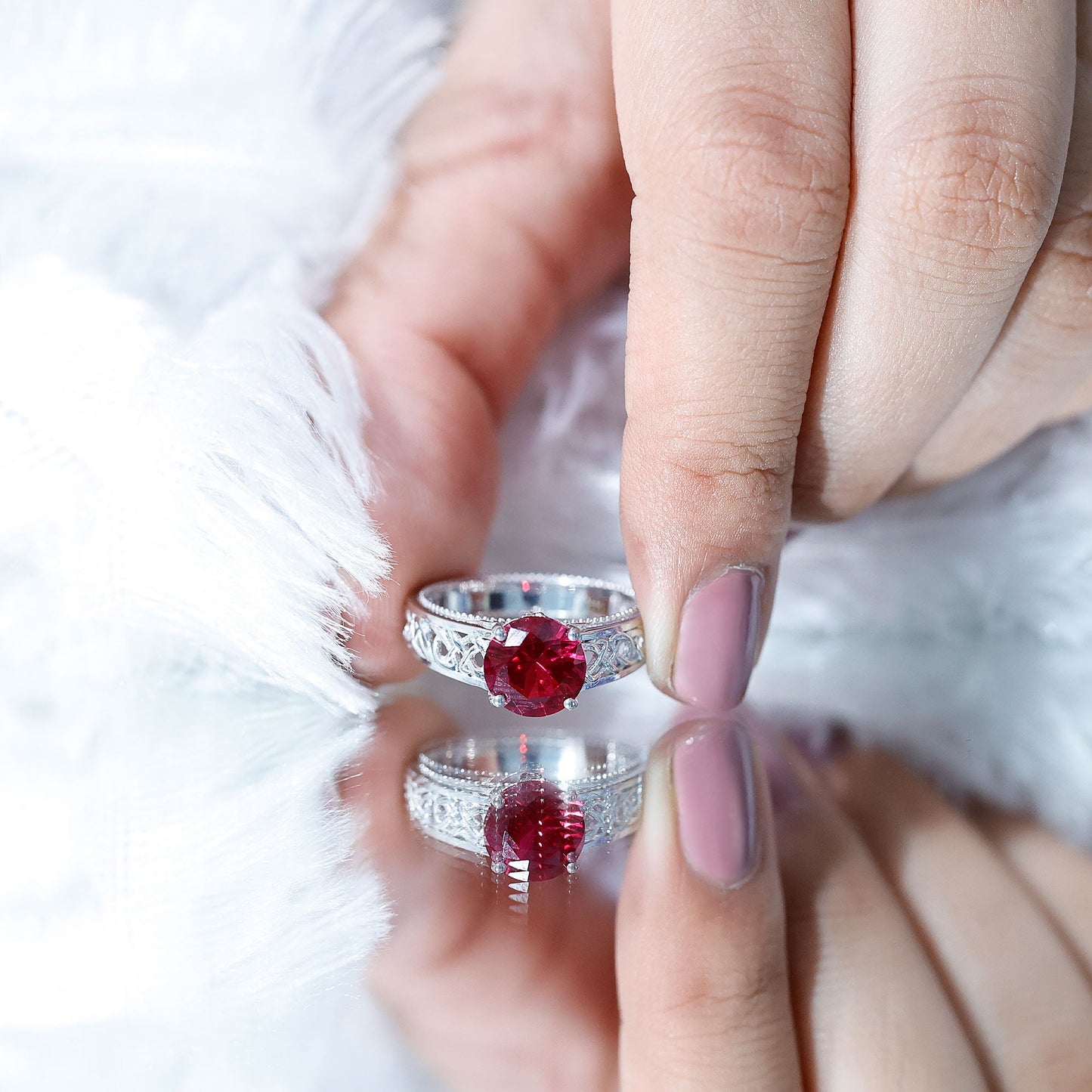 Vintage Style Created Ruby Celtic Knot Band Ring with Surprise Diamond