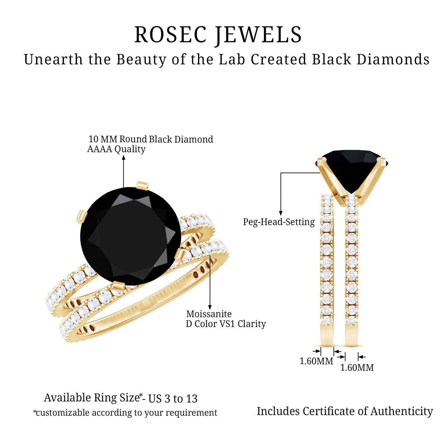 Certified 4.5 Carat Lab Grown Black Diamond Engagement Ring with Moissanite Wedding Band
