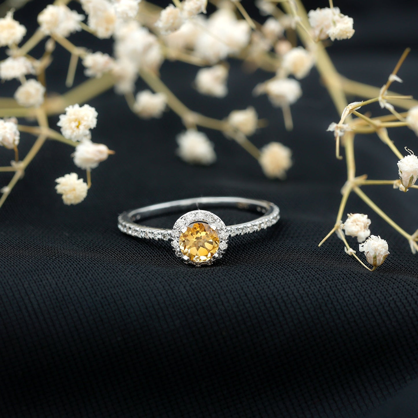 Round Cut Citrine and Diamond Classic Engagement Ring
