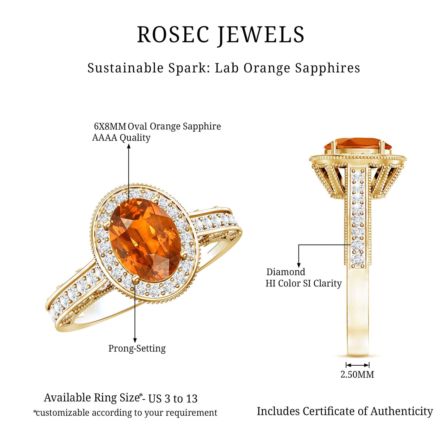 1.5 Carat Lab Grown Orange Sapphire Engagement Ring with Diamond Halo