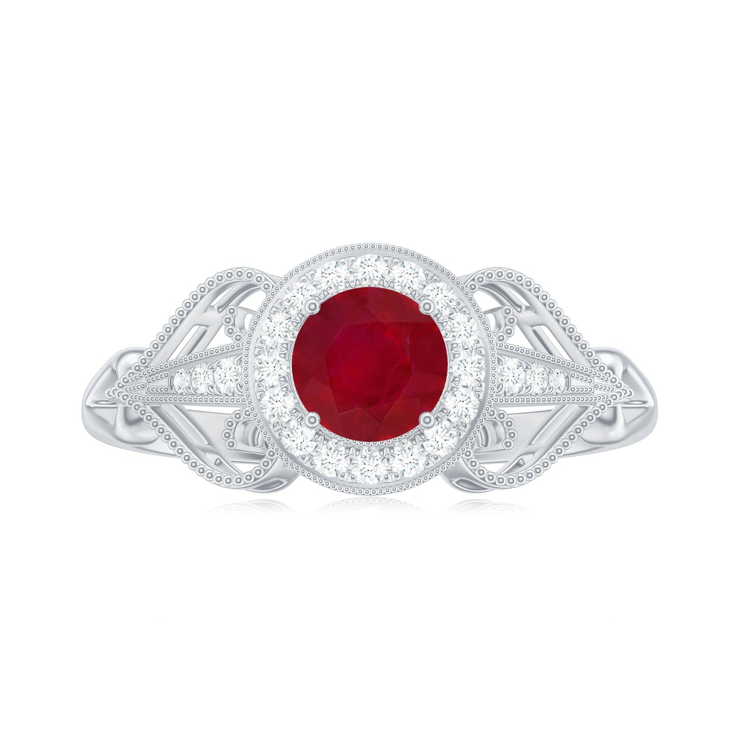 Natural 0.6 Carat Ruby Retro Engagement Ring with Diamond Halo