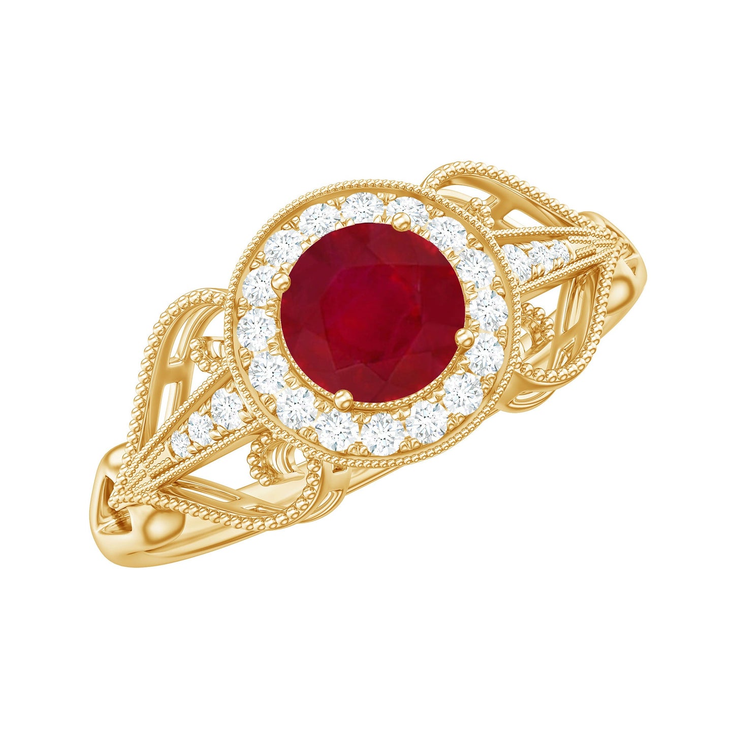 Natural 0.6 Carat Ruby Retro Engagement Ring with Diamond Halo