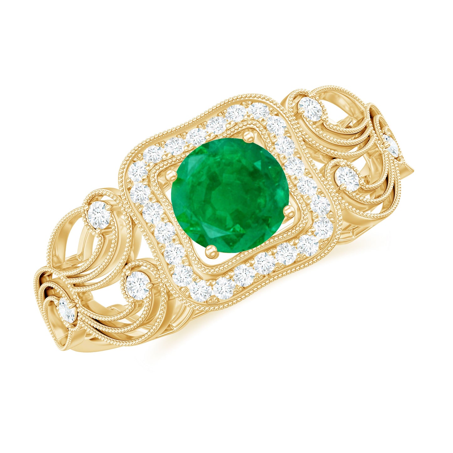 Vintage Looking Emerald Engagement Ring with Diamond Halo