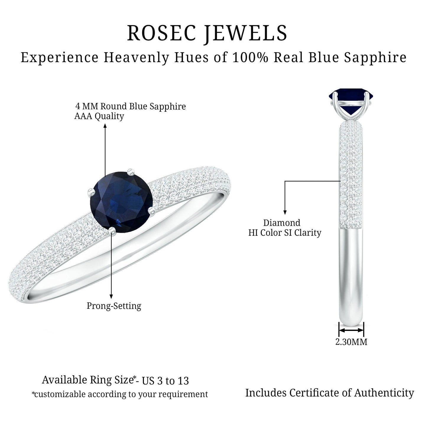 Genuine Blue Sapphire and Diamond Side Stone Engagement Ring