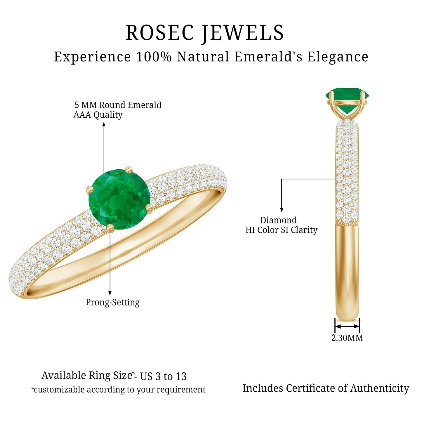 Classic Emerald Solitaire Engagement Ring with Real Diamond Side Stones