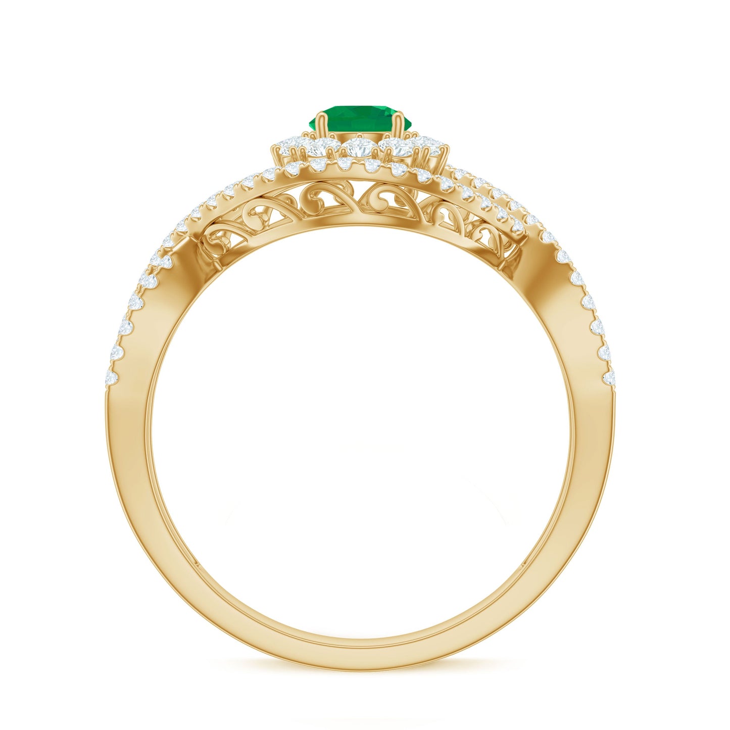 Natural Emerald Engagement Ring with Diamond Crossover Shank