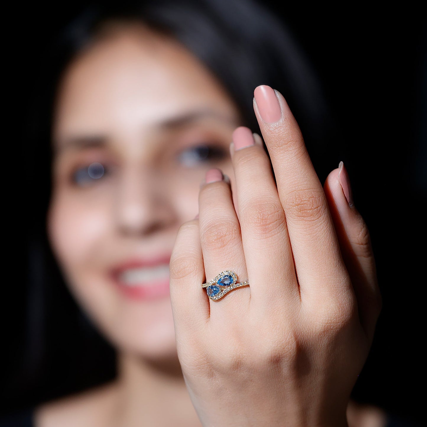 Genuine Aquamarine Two Stone Engagement Ring with Diamond