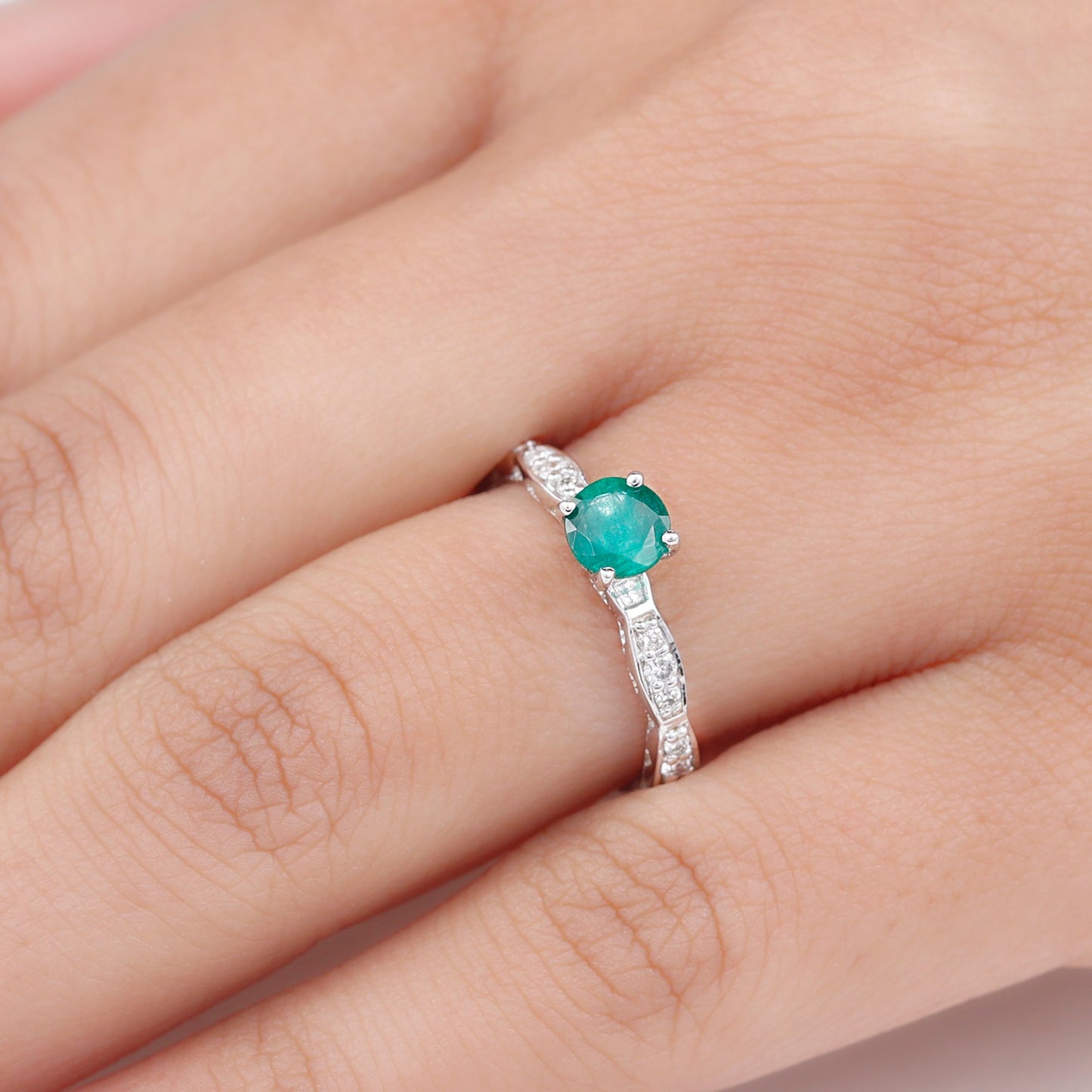 AAA Quality Emerald Solitaire Promise Ring with Diamond