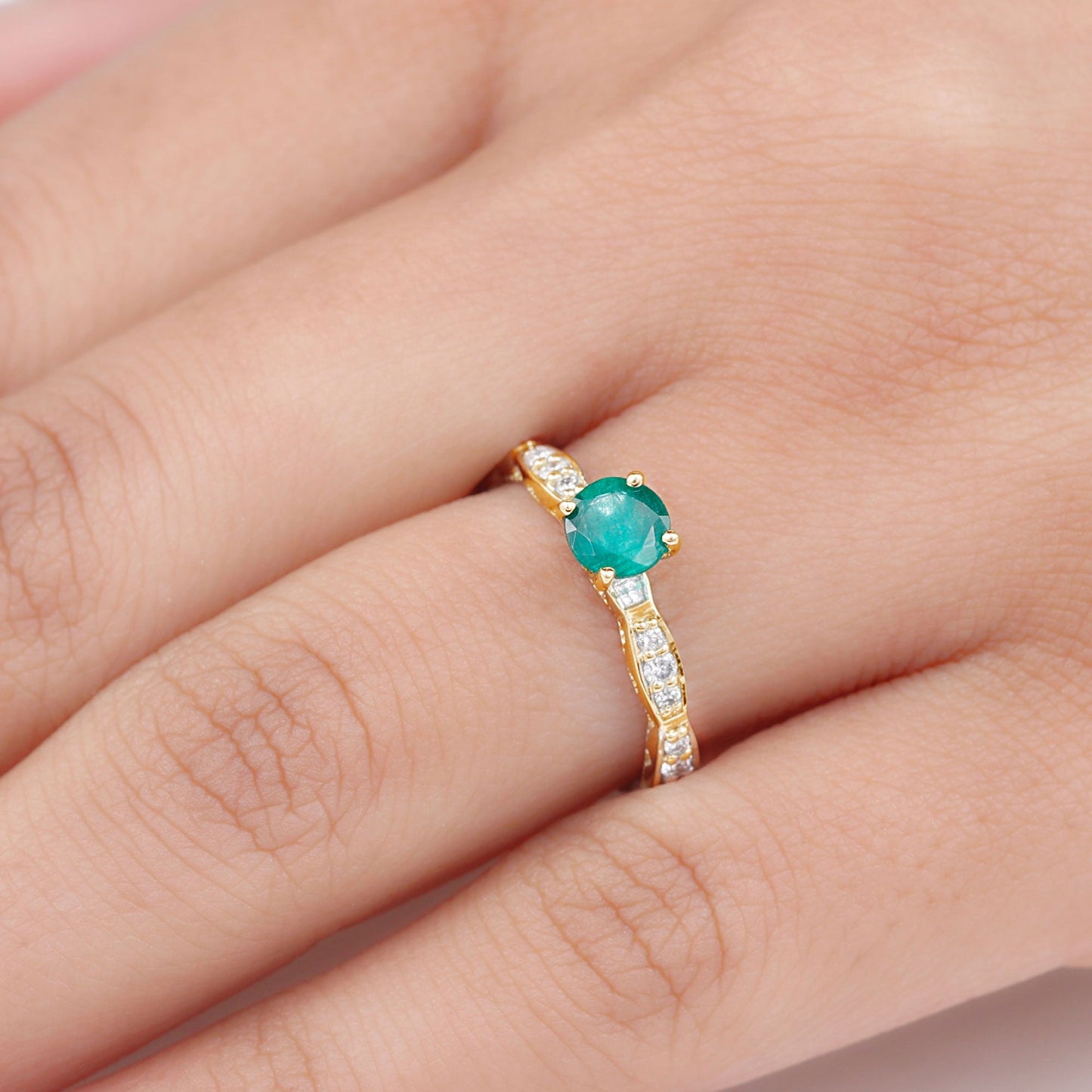 AAA Quality Emerald Solitaire Promise Ring with Diamond