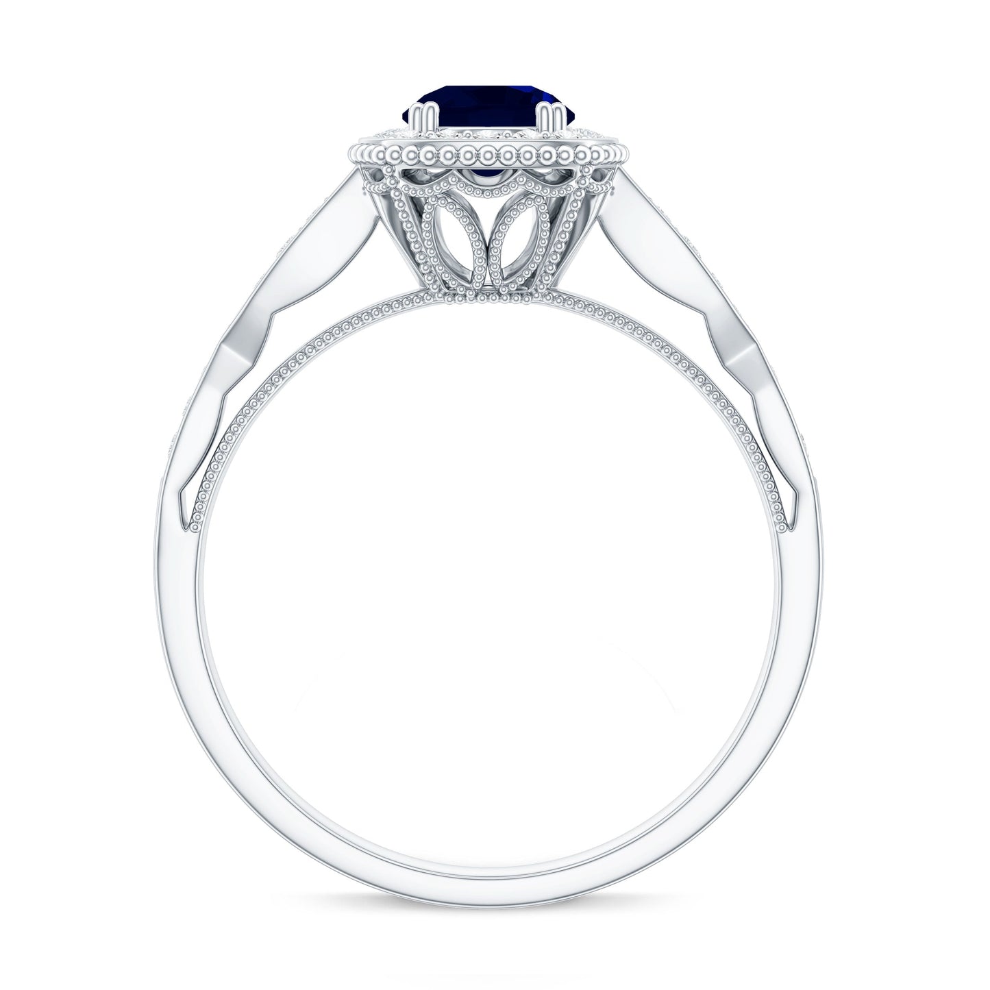 Round 0.9 Carat Blue Sapphire Antique Engagement Ring with Diamond Halo