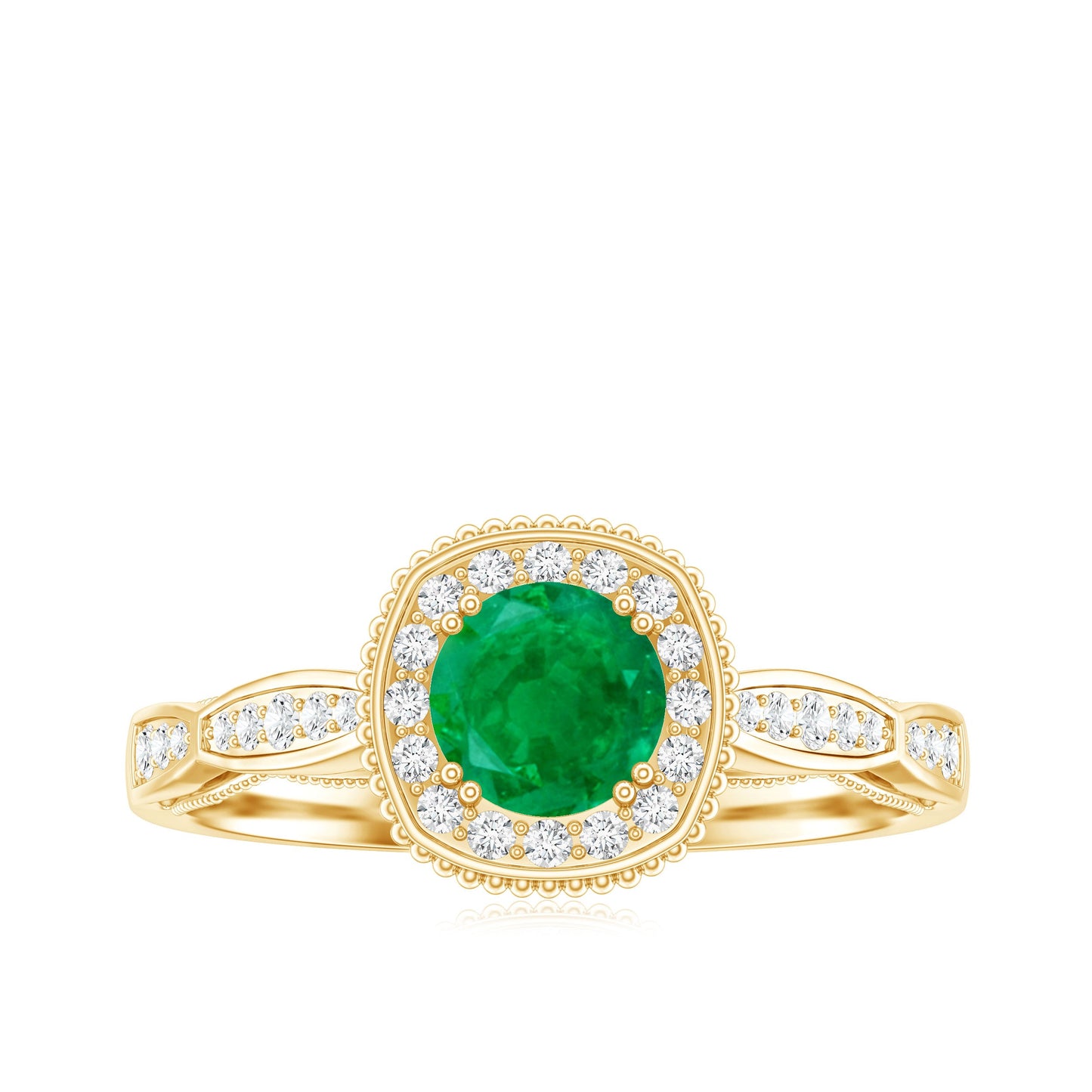 Emerald Vintage Looking Engagement Ring with Diamond Halo