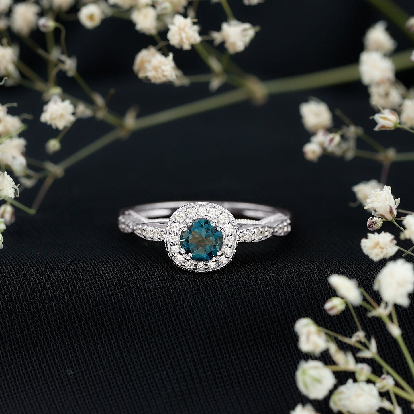 0.6 Carat London Blue topaz Vintage Inspired Ring with Diamond Halo
