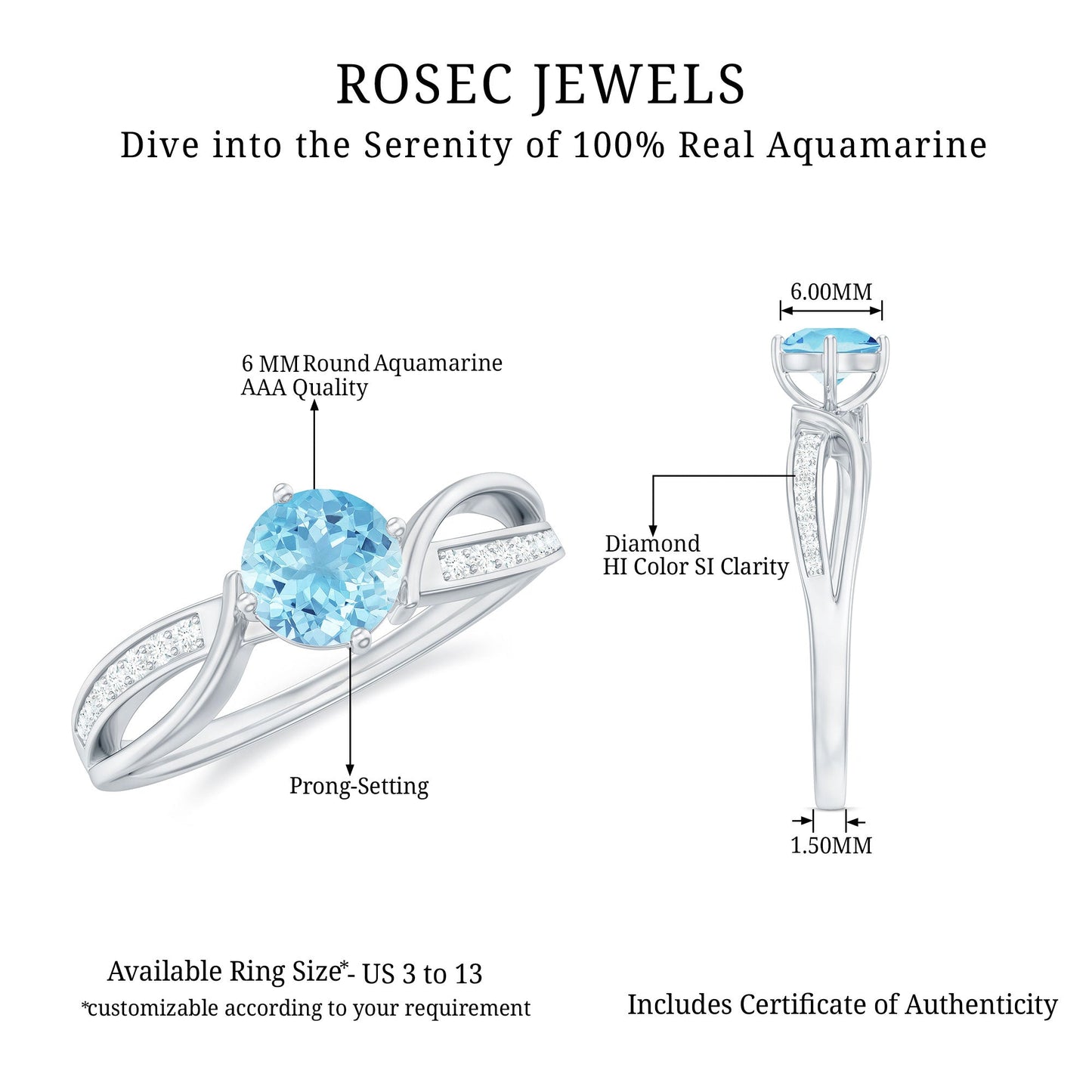 Real 0.8 Ct Aquamarine and Diamond Infinity Engagement Ring