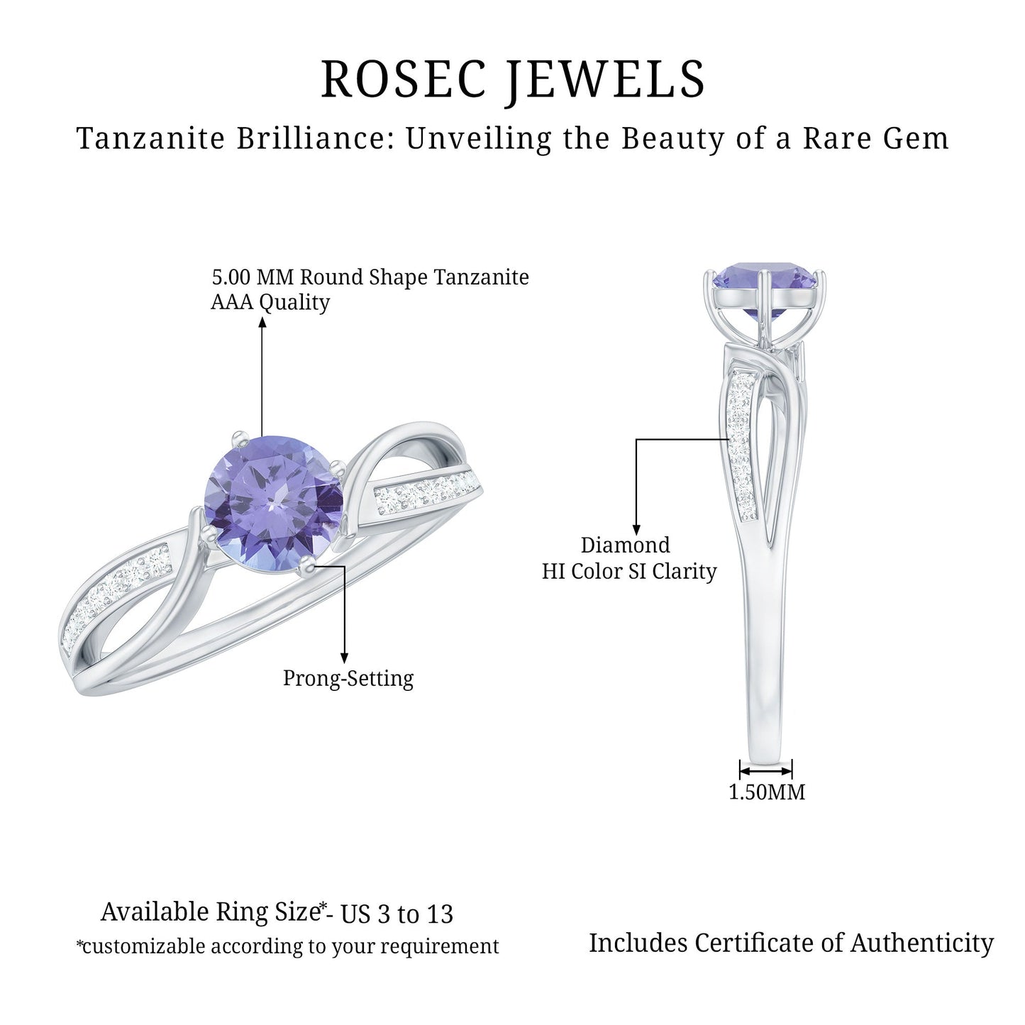 Certified Real Tanzanite Diamond Promise Ring for Proposal