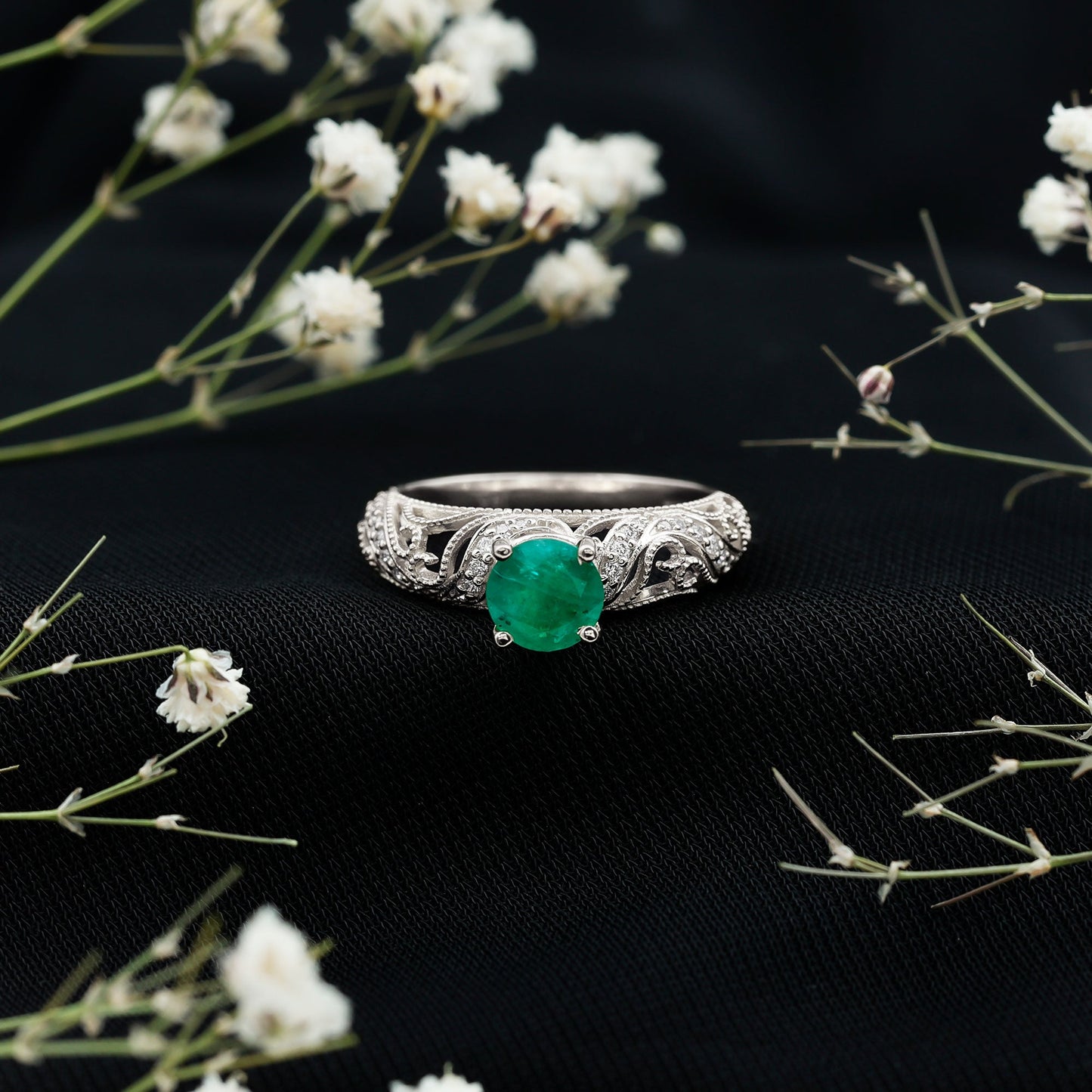 Vintage Looking Emerald and Diamond Engagement Ring for Women