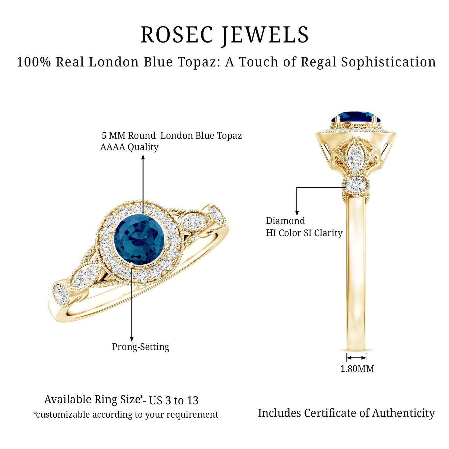 0.6 Carat London Blue Topaz Antique Engagement Ring with Diamond Halo