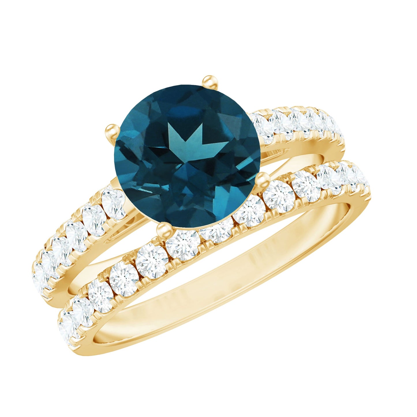 2 Carat Round London Blue Topaz Solitaire Rings Set with Moissanite Band
