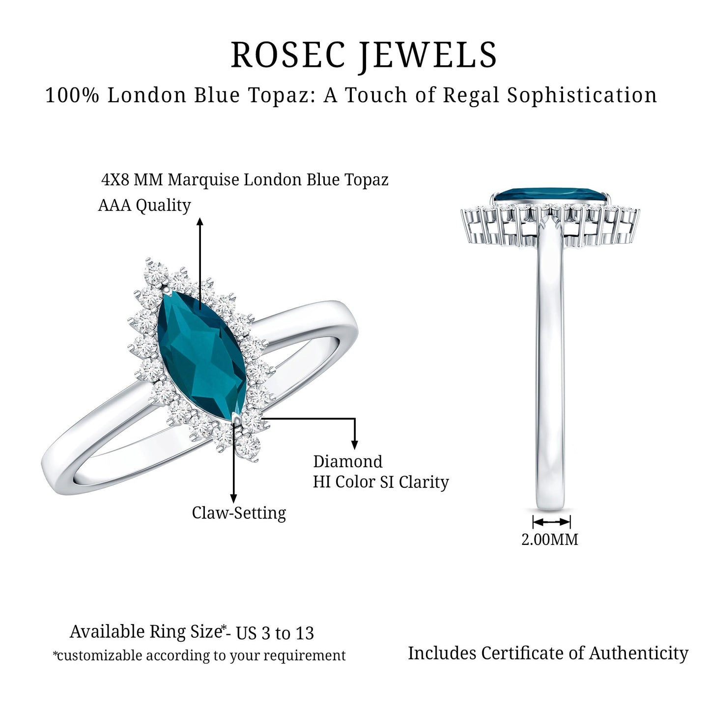Elongated Marquise Blue Topaz Engagement Ring with Diamond Halo