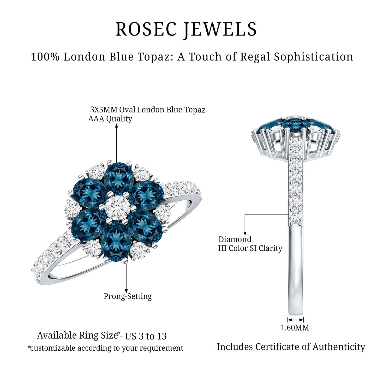 Natural London Blue Topaz Flower Engagement Ring with Diamond