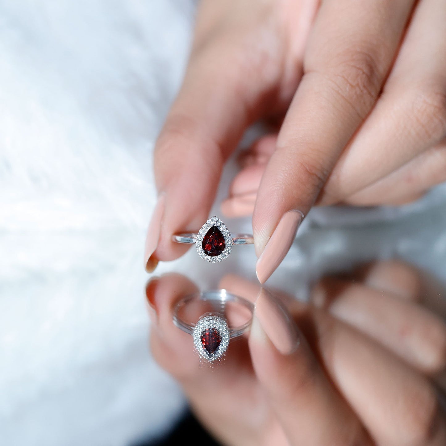 Classic Garnet Teardrop Engagement Ring with Diamond Halo